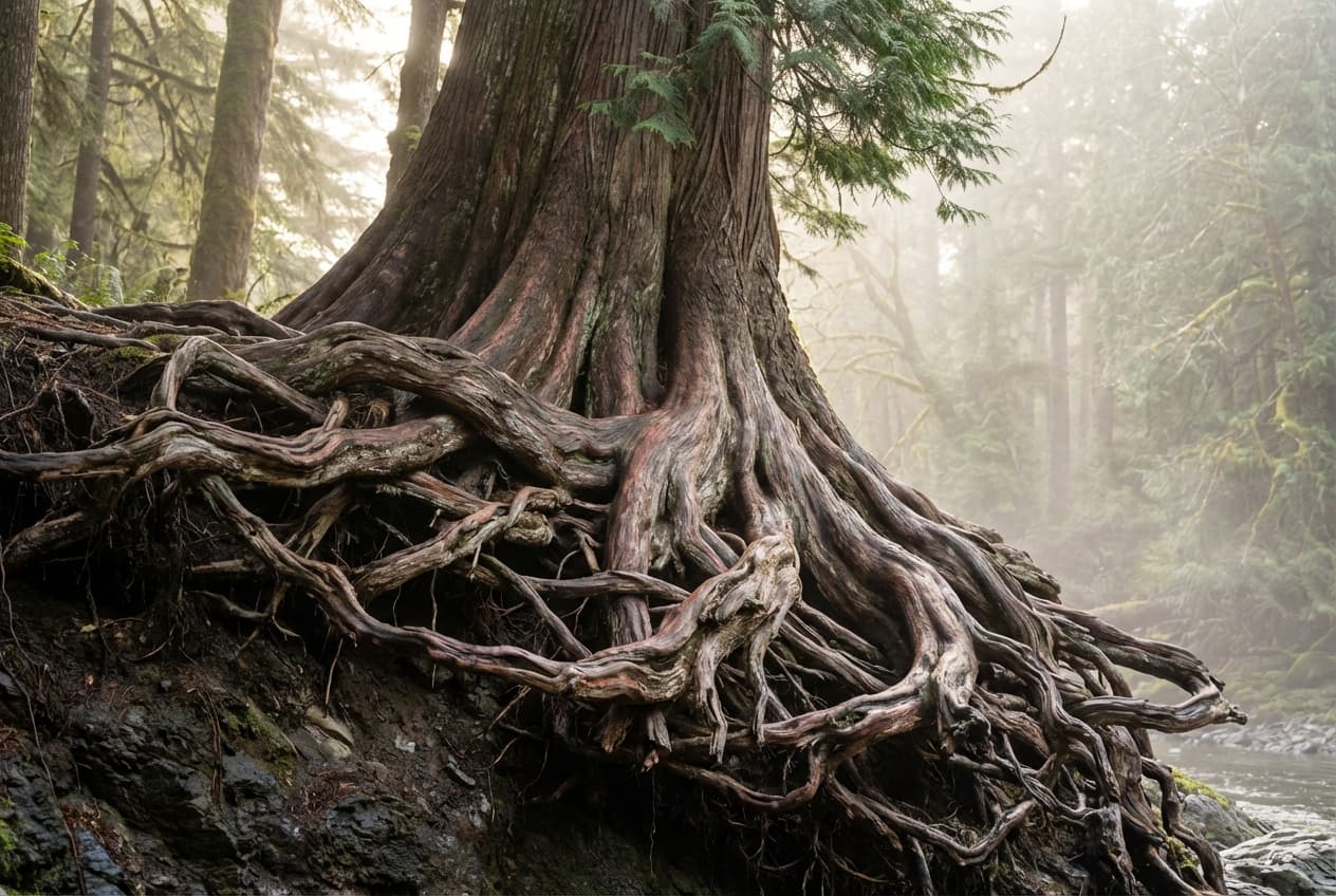 Old growth cedar with exposed tangled root system on a Vancouver Island riverbank, morning mist