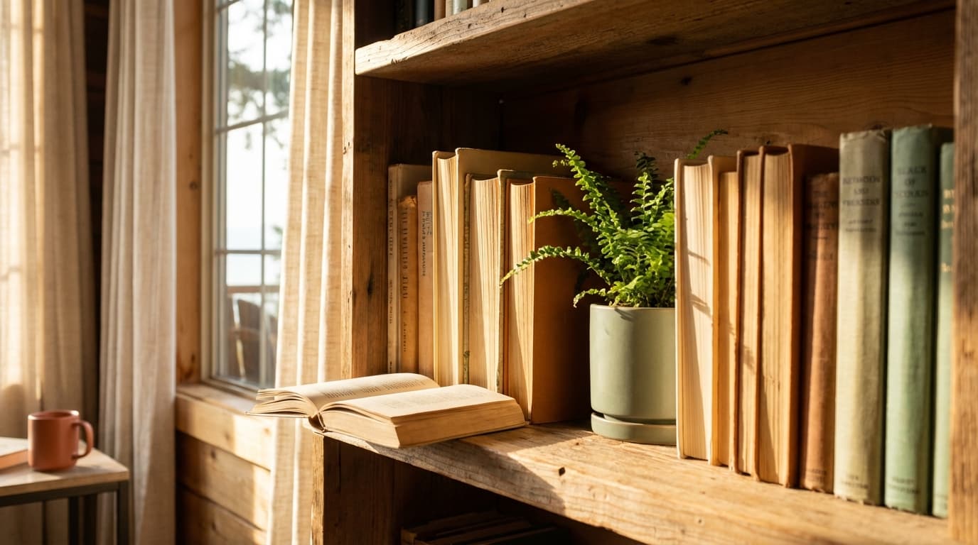 A warm wooden bookshelf with worn book spines, a fern in a sage green ceramic pot, an open book, and a terracotta mug